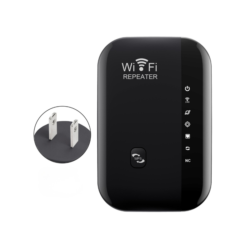 Ripetitore Wi-Fi nero in ABS con spina, pulsante WPS e LED verticali per estendere la rete domestica 2.4 GHz