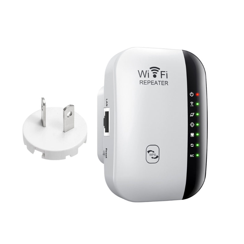 Ripetitore WiFi estende segnale 2.4 GHz, distanza fino a 10 km, alimentazione 110–230 V, ABS bianco, norme EU/US/UK/AUS