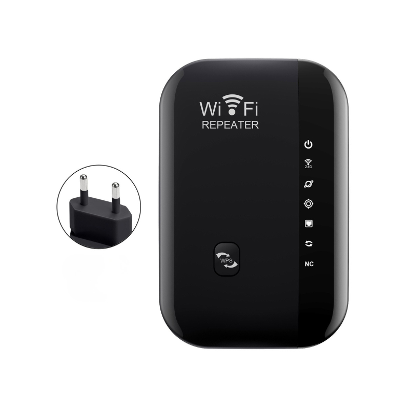 Ripetitore WiFi nero con spina europea, pannello laterale con icone LED e pulsante WPS