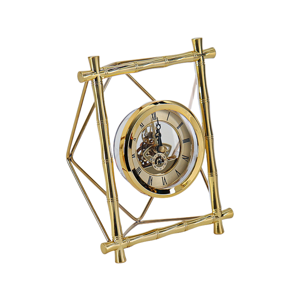 Orologio da tavolo dorato con cornice a forma di bambù, movimento quarzo, numeri romani, ornamento per soggiorno