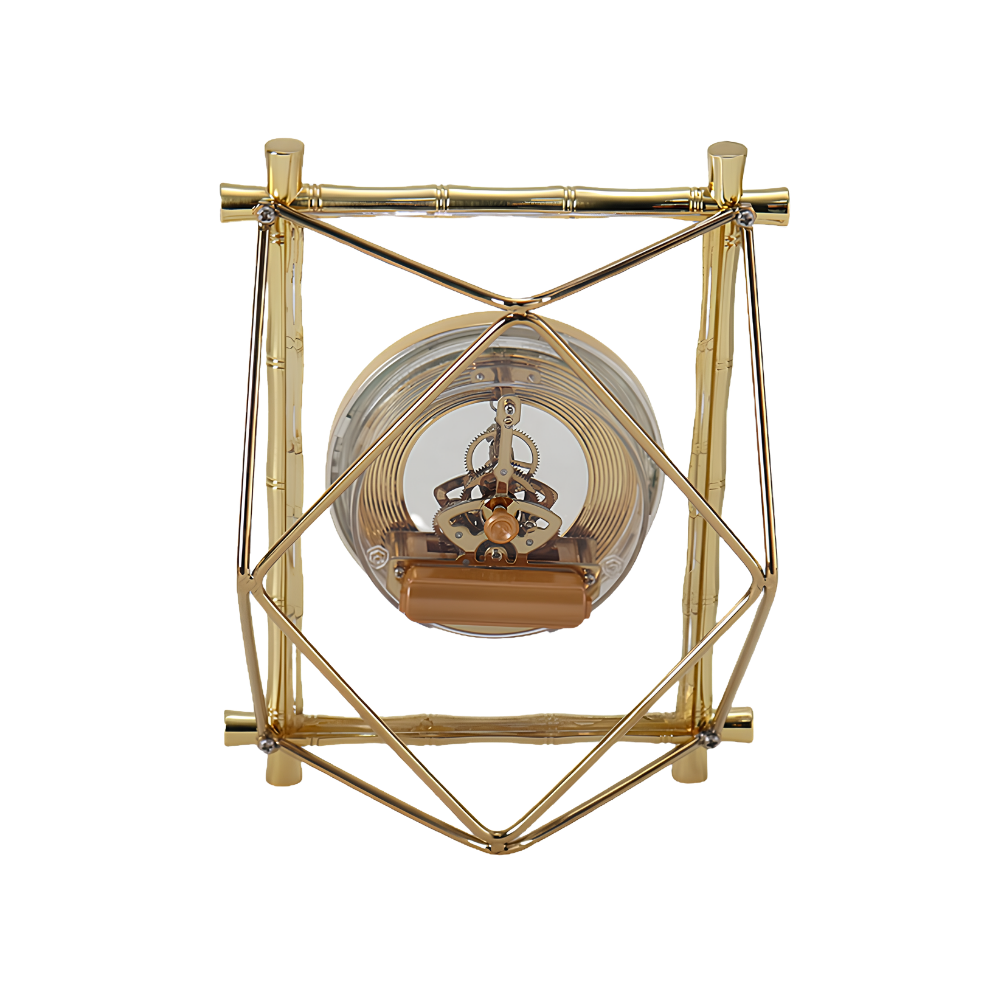 Orologio decorativo da soggiorno con cornice dorata in stile bambù e movimento al quarzo visibile, struttura geometrica