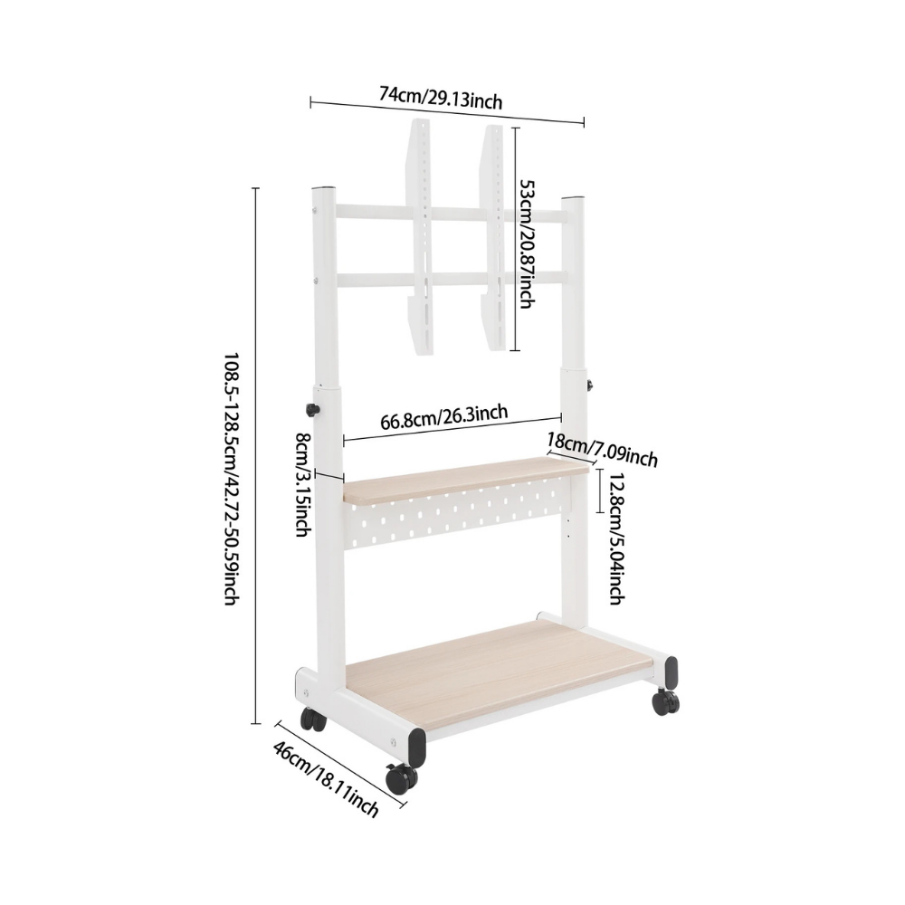 Supporto TV mobile in acciaio bianco, altezza regolabile 108.5–128.5 cm, portata 100 kg, ruote, mensole legno, misure.
