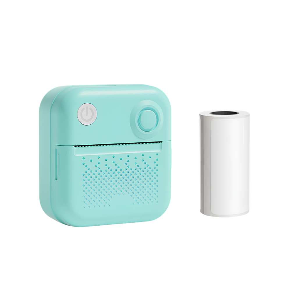 Stampante etichette mini per studenti, termica 200dpi, Bluetooth/USB, 82x40mm, carta 57x30mm, 1200mAh, turchese