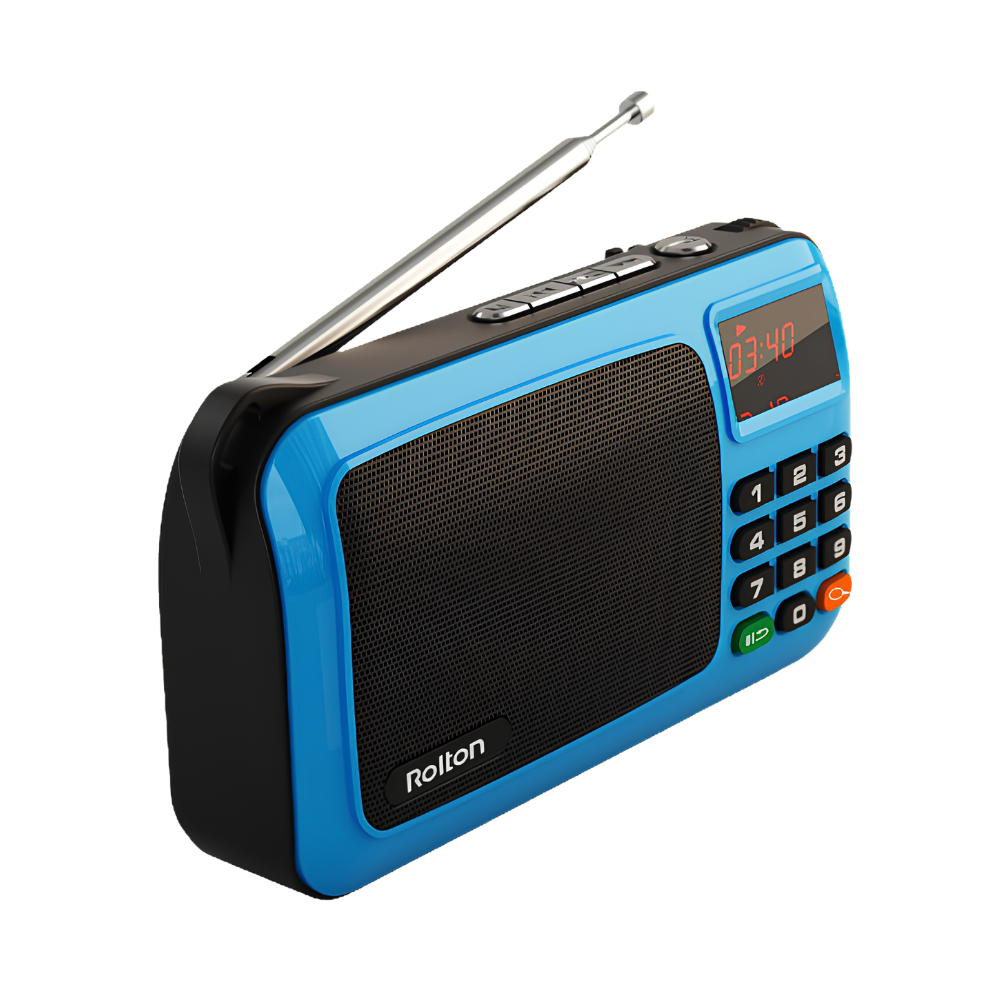 Diffusore radio FM portatile blu con tasti numerici, antenna, display e supporto MP3, USB e TF.