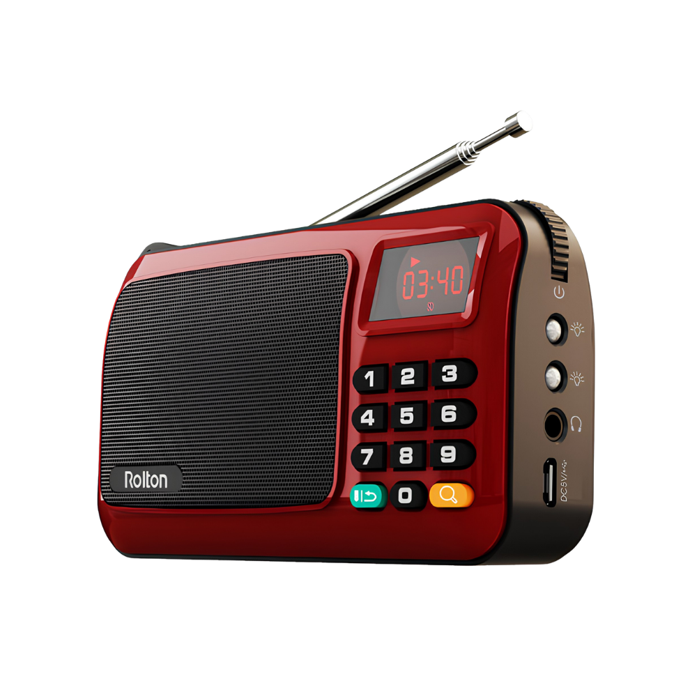 Radio FM portatile con altoparlante stereo USB, MP3 e TF/USB, corpo rosso UV, design compatto.