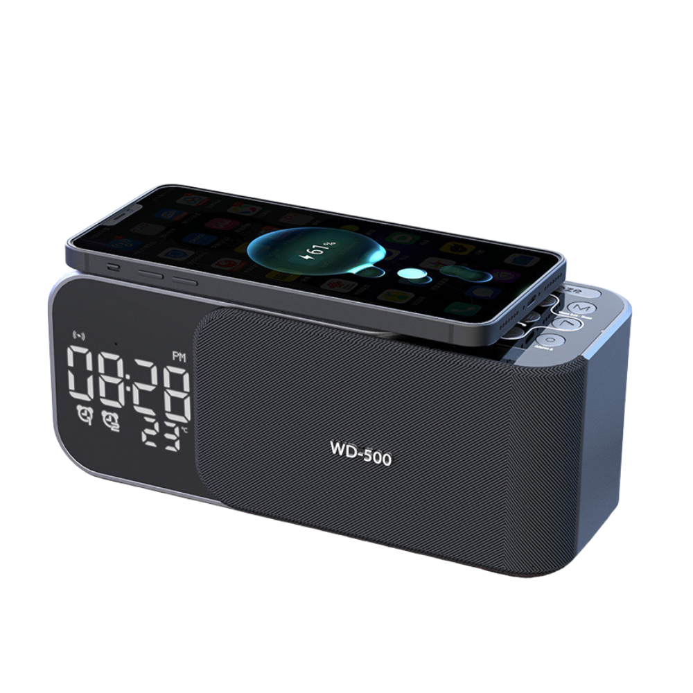 Sveglia LED con ricarica wireless, display digitale e temperatura, altoparlante Bluetooth, design in legno