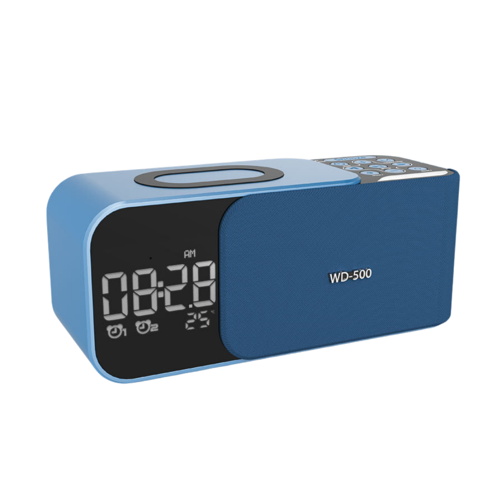 Sveglia LED con ricarica wireless, radio FM e Bluetooth, display digitale, temperatura, altoparlanti e microfono.