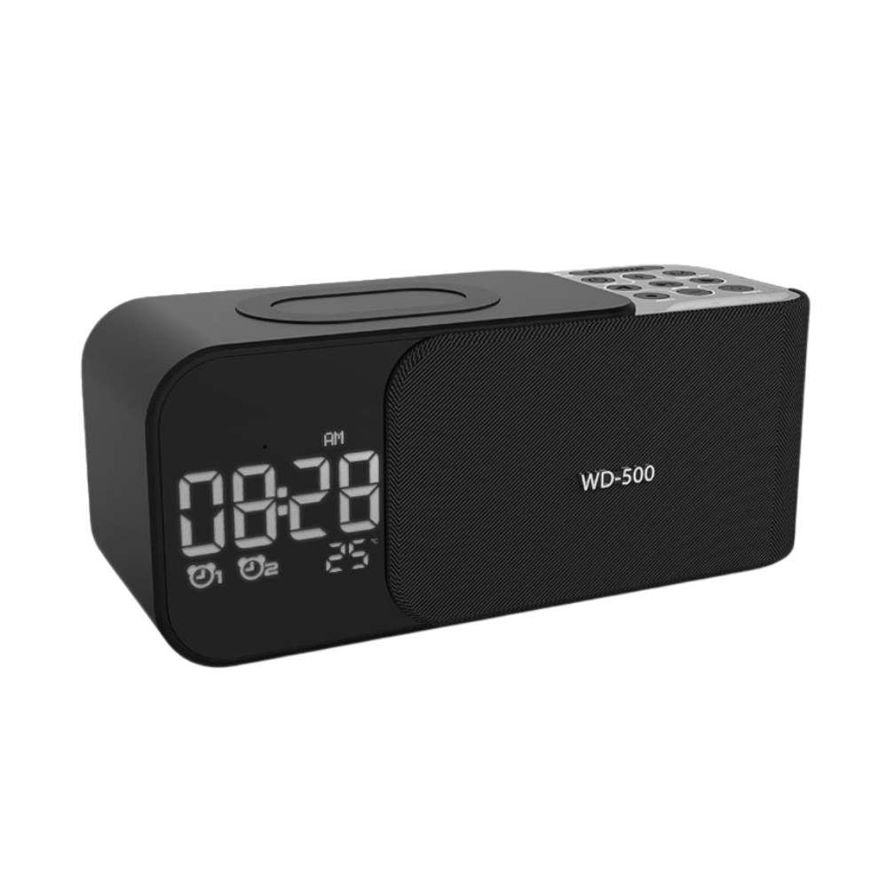 Orologio sveglia LED con ricarica wireless sulla parte superiore, radio FM, Bluetooth e microfono, display digitale