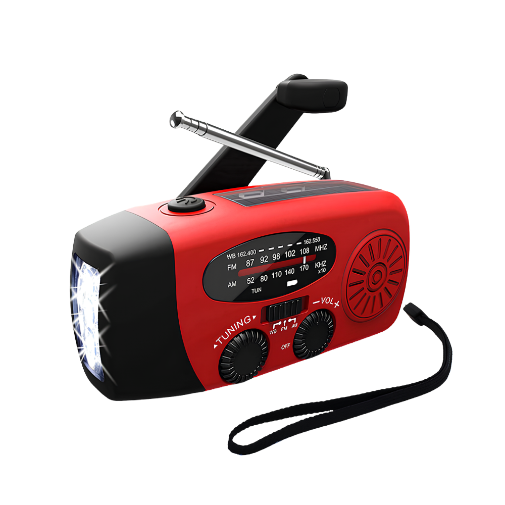 Radio solare con manovella, torcia LED frontale, USB, altoparlante integrato, corpo rosso in ABS, cinturino