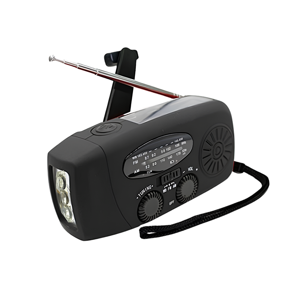 Radio solare a manovella con torcia LED, altoparlante integrato, porta USB, case in ABS, cinturino.
