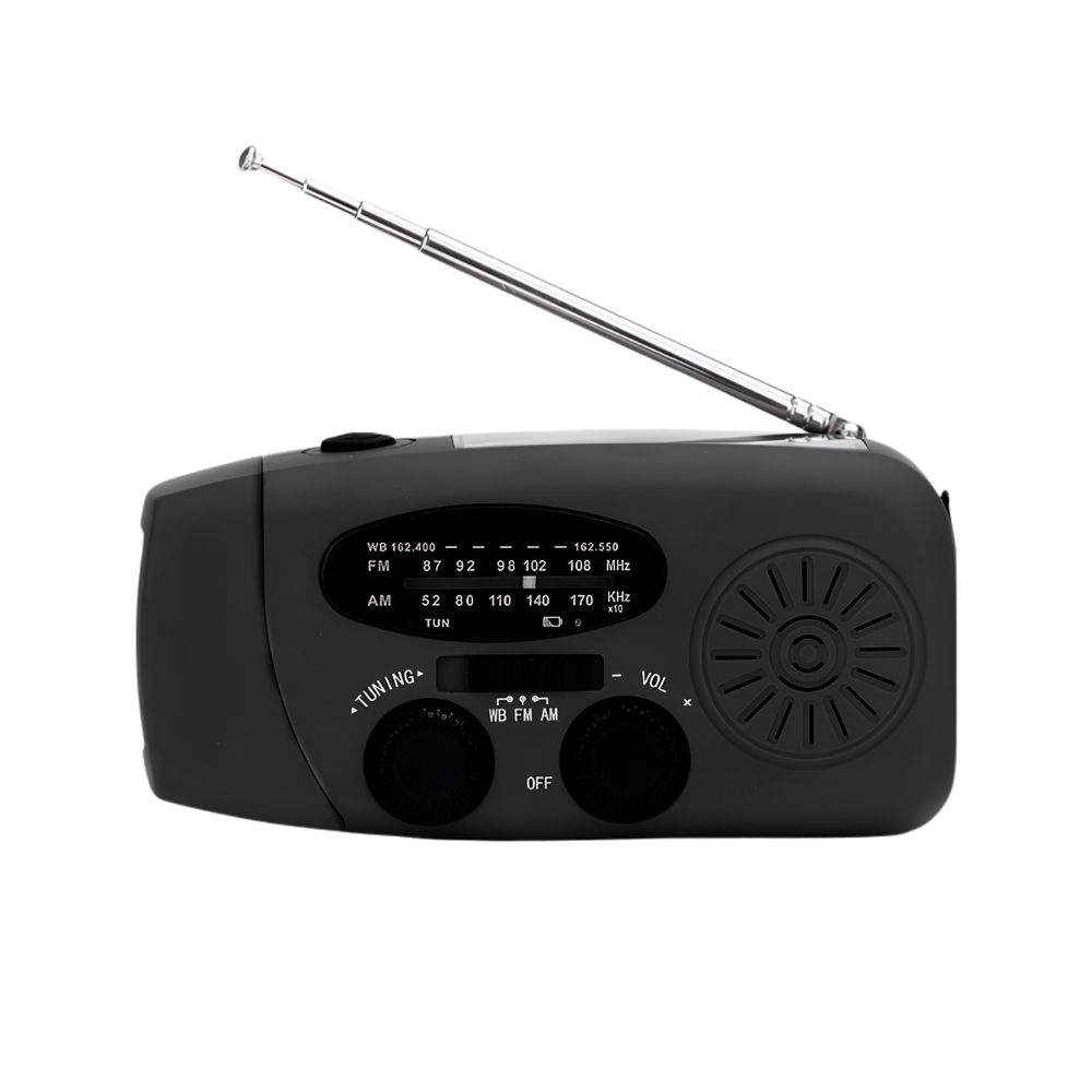 Radio a manovella solare con torcia, altoparlante integrato e interfaccia USB, corpo in ABS, batteria 1000–1999 mAh.