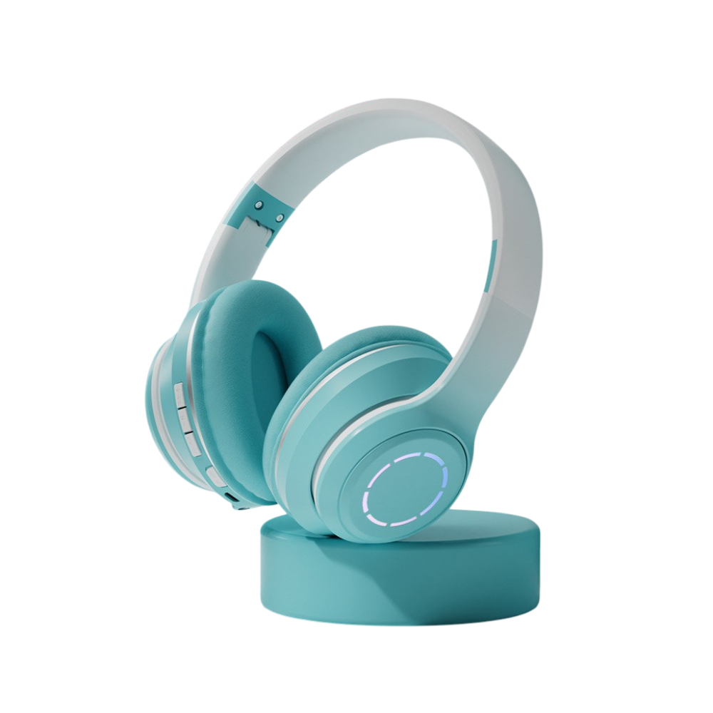 Cuffie Bluetooth pieghevoli gradiente azzurro su supporto, display batteria, controllo vocale, multipoint