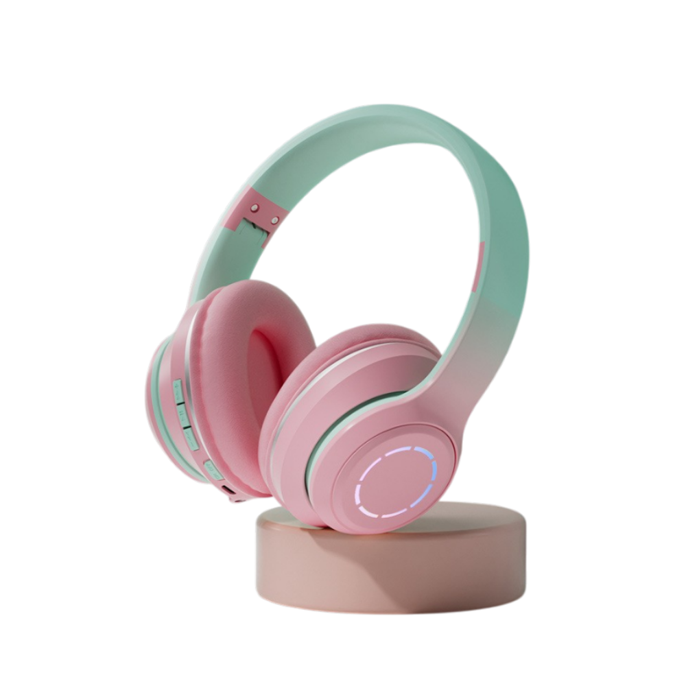Cuffie Bluetooth pieghevoli con gradiente rosa-menta, display batteria, 10 metri controllo vocale, multi-point, 5.2, USB