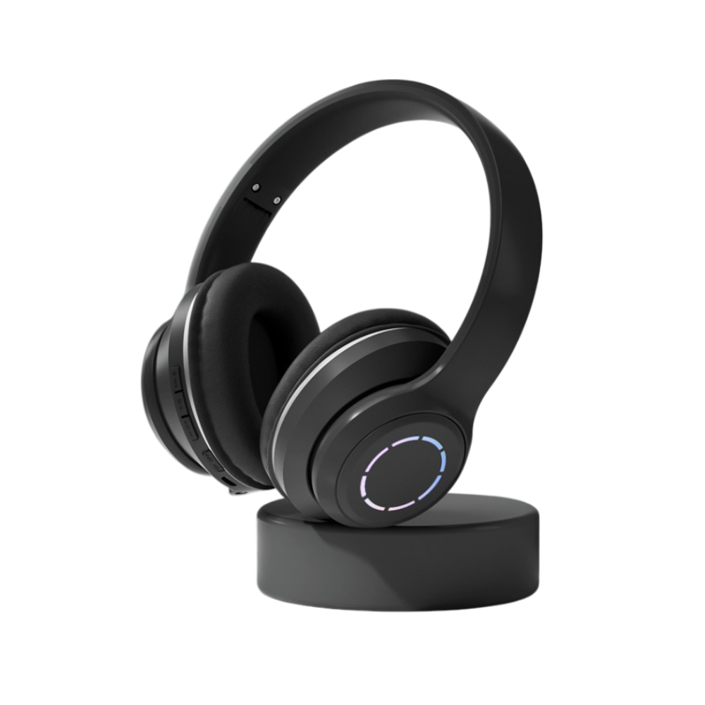 Cuffie Bluetooth pieghevoli senza fili con anello LED a gradiente, esposte su supporto nero