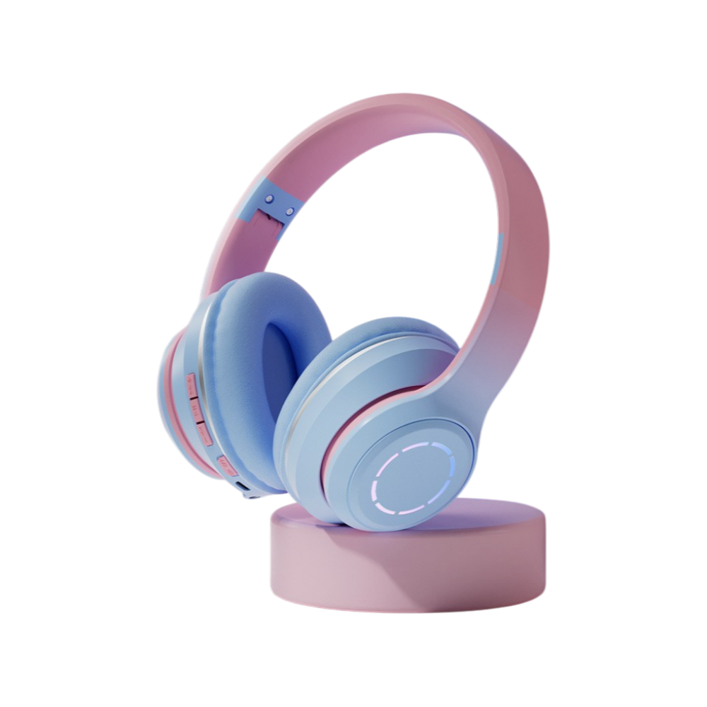 Cuffie Bluetooth pieghevoli con archetto gradient blu-pink, display batteria e controllo vocale.