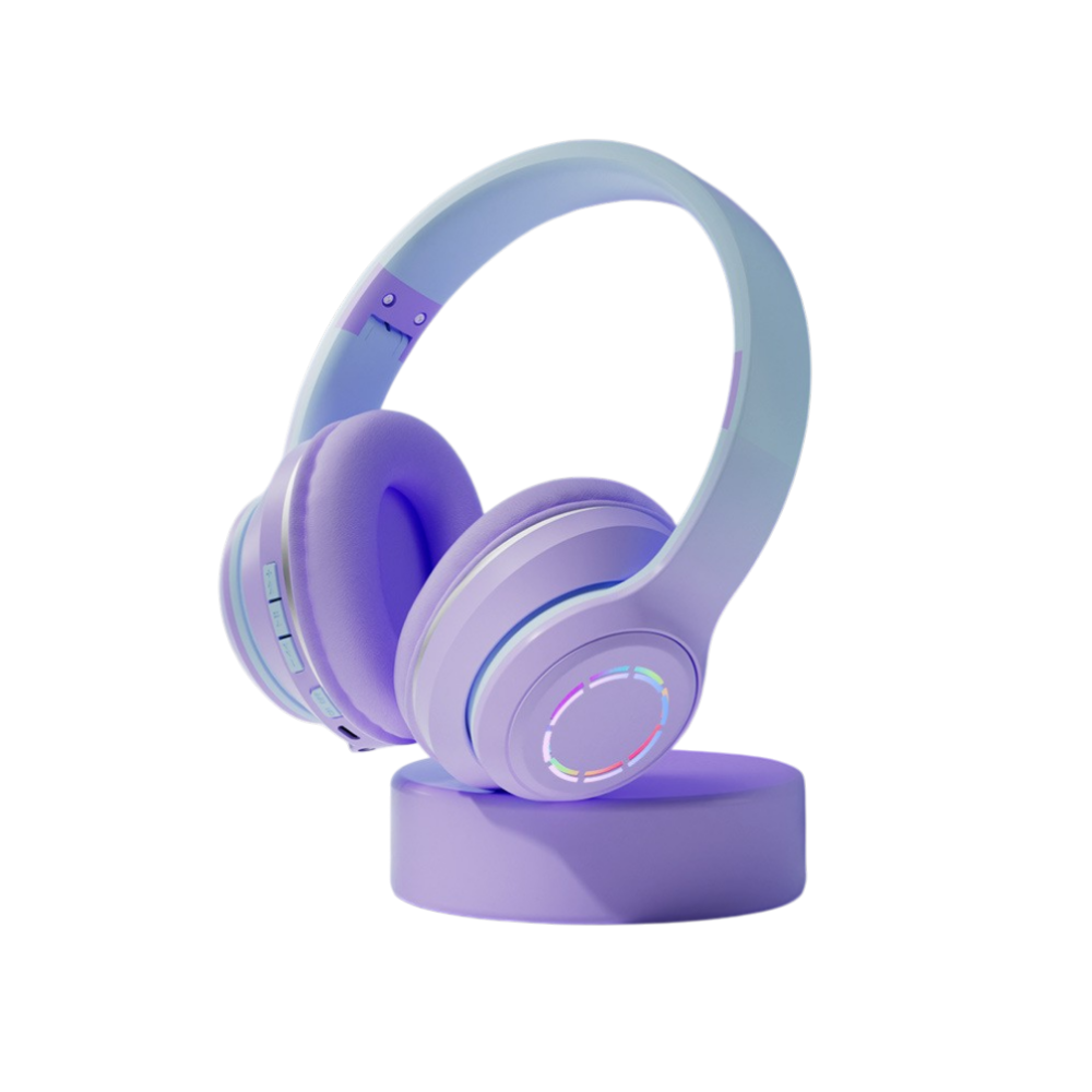 Cuffie Bluetooth pieghevoli con display batteria, controllo vocale e multipunto; Bluetooth 5.2, colore viola gradient.