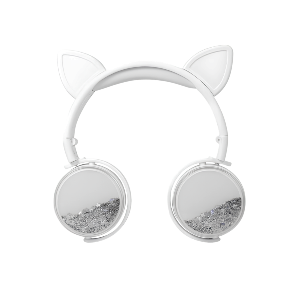 Cuffie da donna bianche over-ear con orecchie da gatto e coppe glitter argentate, cablate