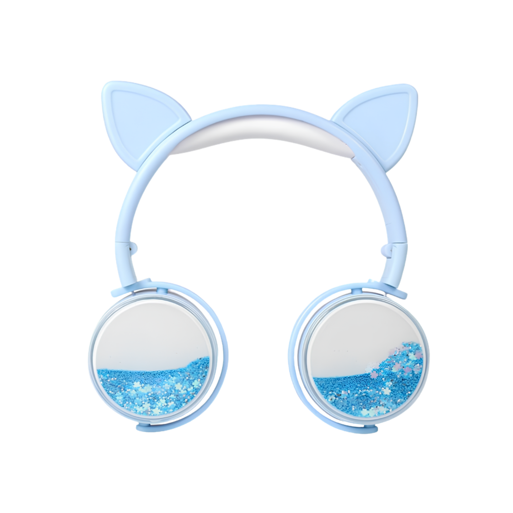Cuffie femminili con orecchie da gatto, cablate, blu e bianco con glitter nei padiglioni.