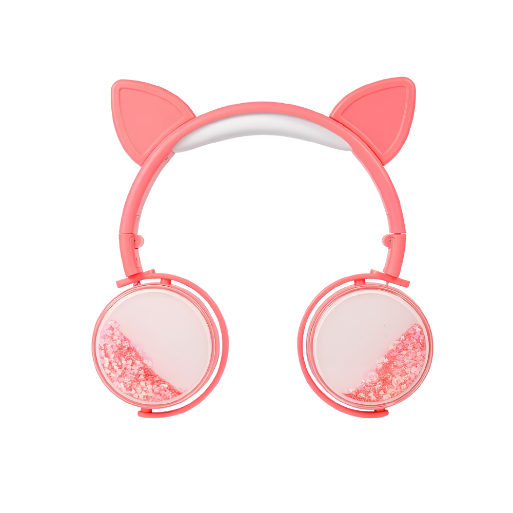 Cuffie rosa con orecchie da gatto, cavo cablato, padiglioni trasparenti con glitter rosa.