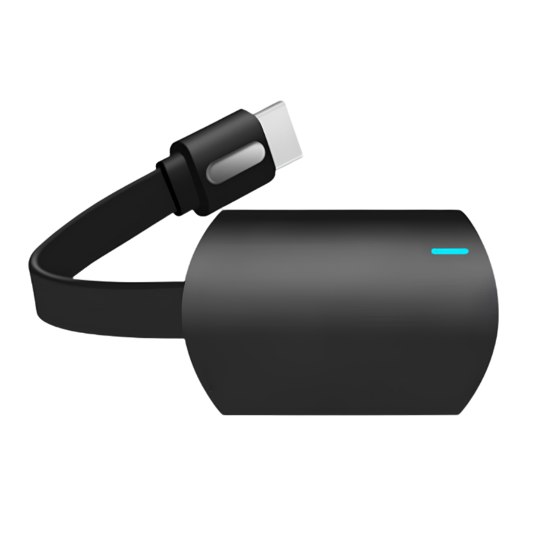 Dongle HDMI nero con schermo integrato, LED blu, output 1080p.