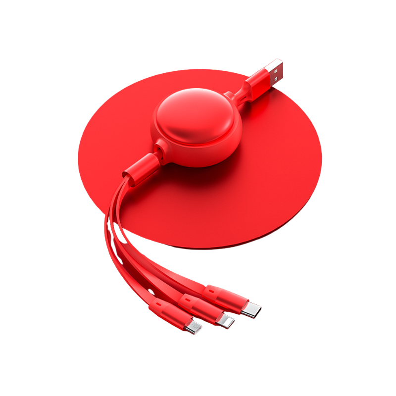 Cavo retrattile 3 in 1 USB-C, Micro USB e Lightning, ricarica 2.4A, colore rosso