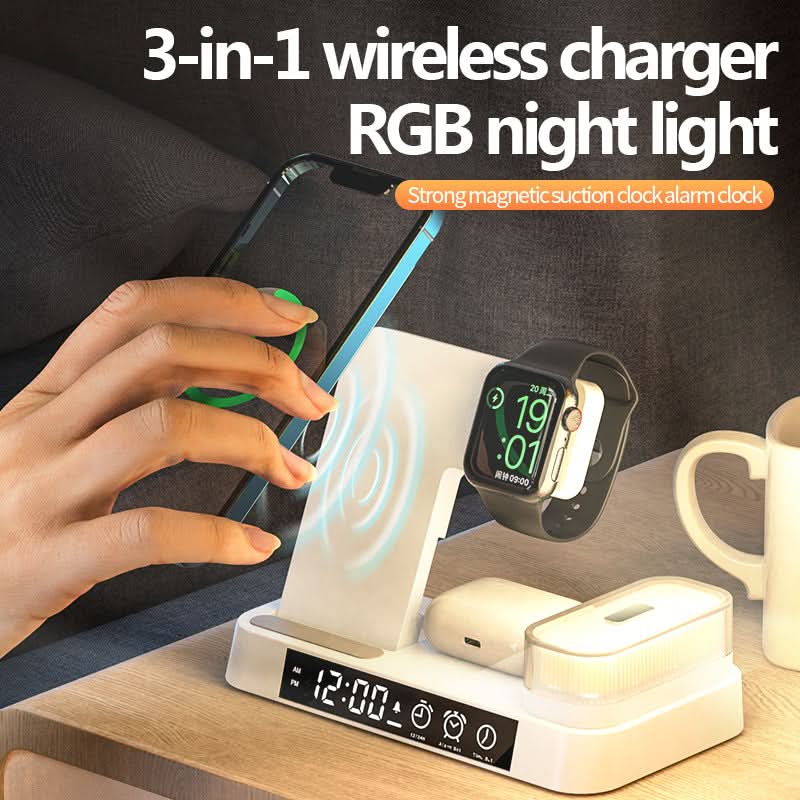 Stazione di ricarica wireless 4-in-1 con orologio digitale, supporto pieghevole e luce notturna RGB