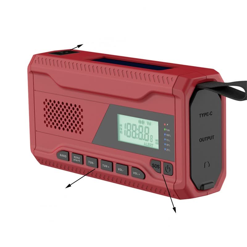 Radio d'emergenza esterna WR-6A, display, altoparlante, ricarica solare/manuale, luce ad alta luminosità, rosso.
