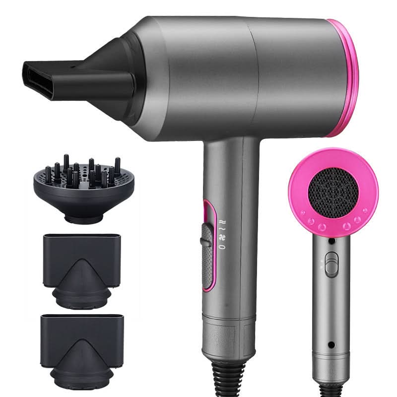 Asciugacapelli 1400W 110-220V con 3 impostazioni di calore e 2 velocità, diffusore e concentratori, corpo grigio-rosa.