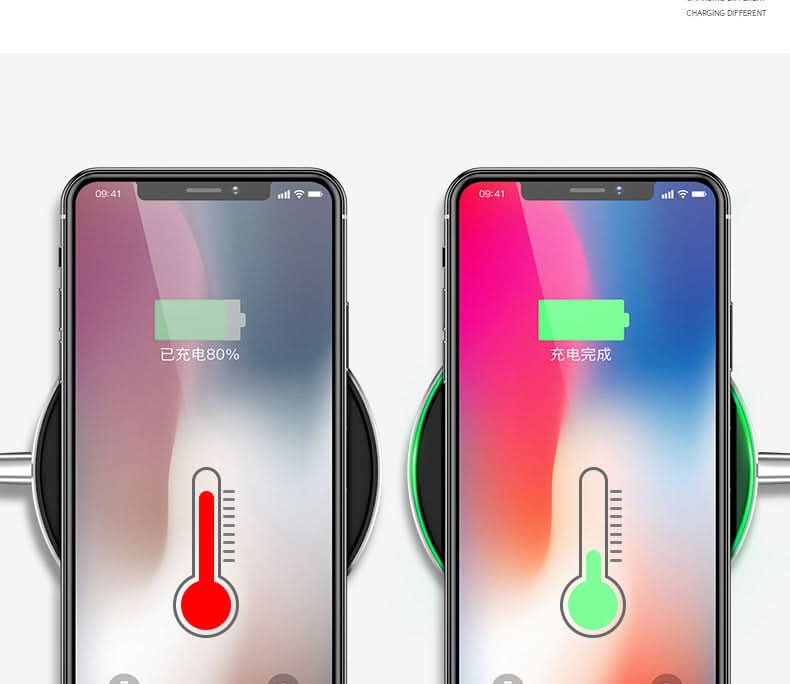 Due telefoni su caricatore wireless rapido rotondo per smartphone, con bobina di rame e indicatore LED.