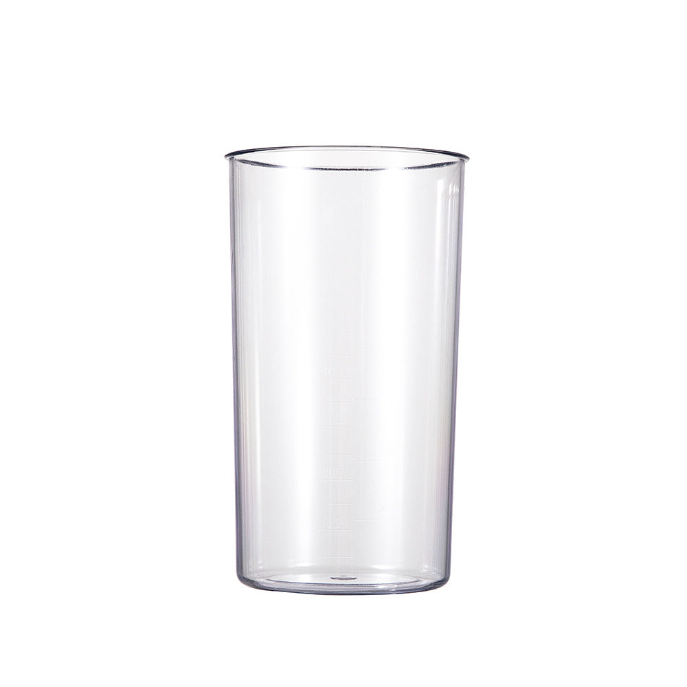 Contenitore trasparente in plastica per frullatore, cilindrico e graduato.