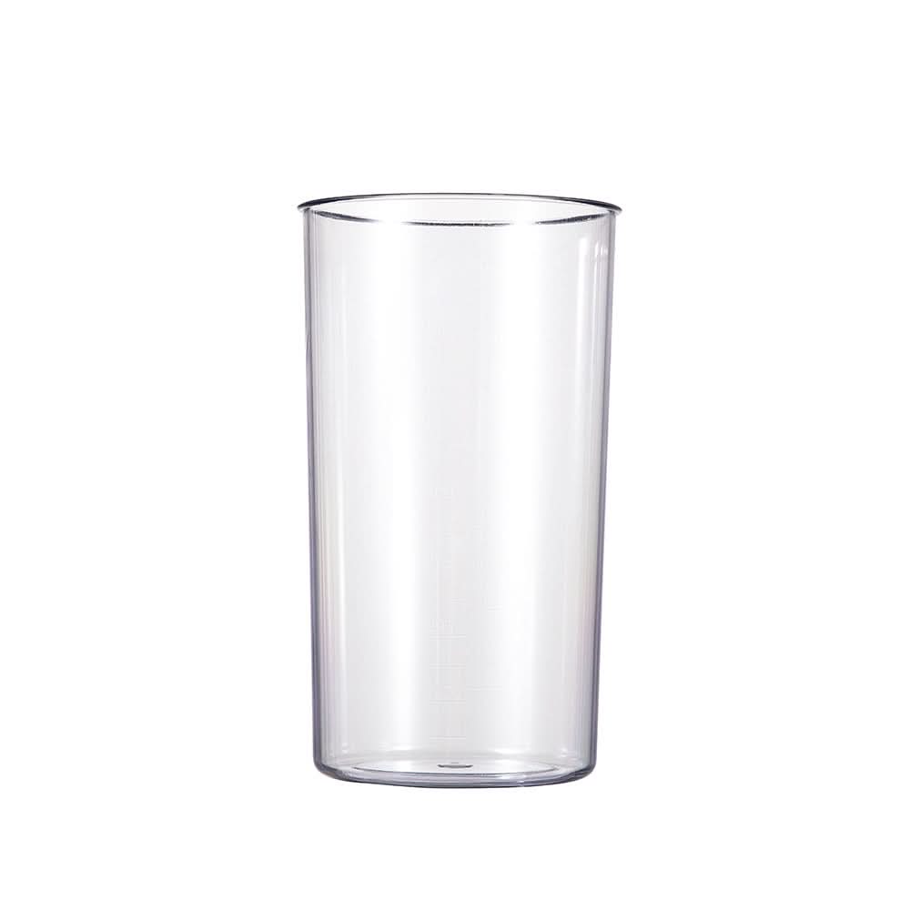 Contenitore trasparente in plastica per frullatore, cilindrico e graduato.