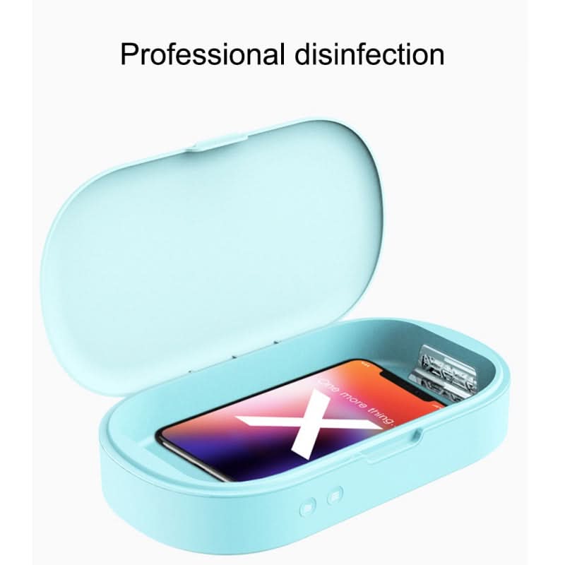 Box sterilizzatore UV 5V azzurro chiaro con smartphone dentro, coperchio aperto, disinfezione per telefoni e gioielli.