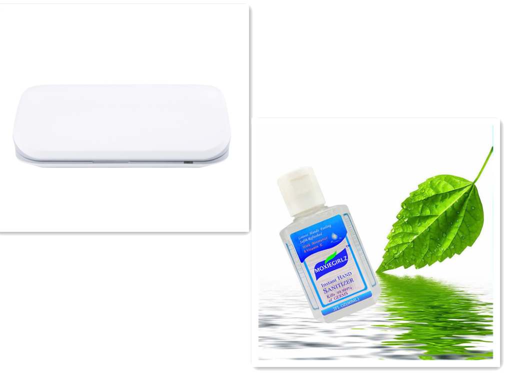Box sterilizzatore UV doppio da 5V per telefoni e gioielli, accanto a gel disinfettante mani e foglia verde