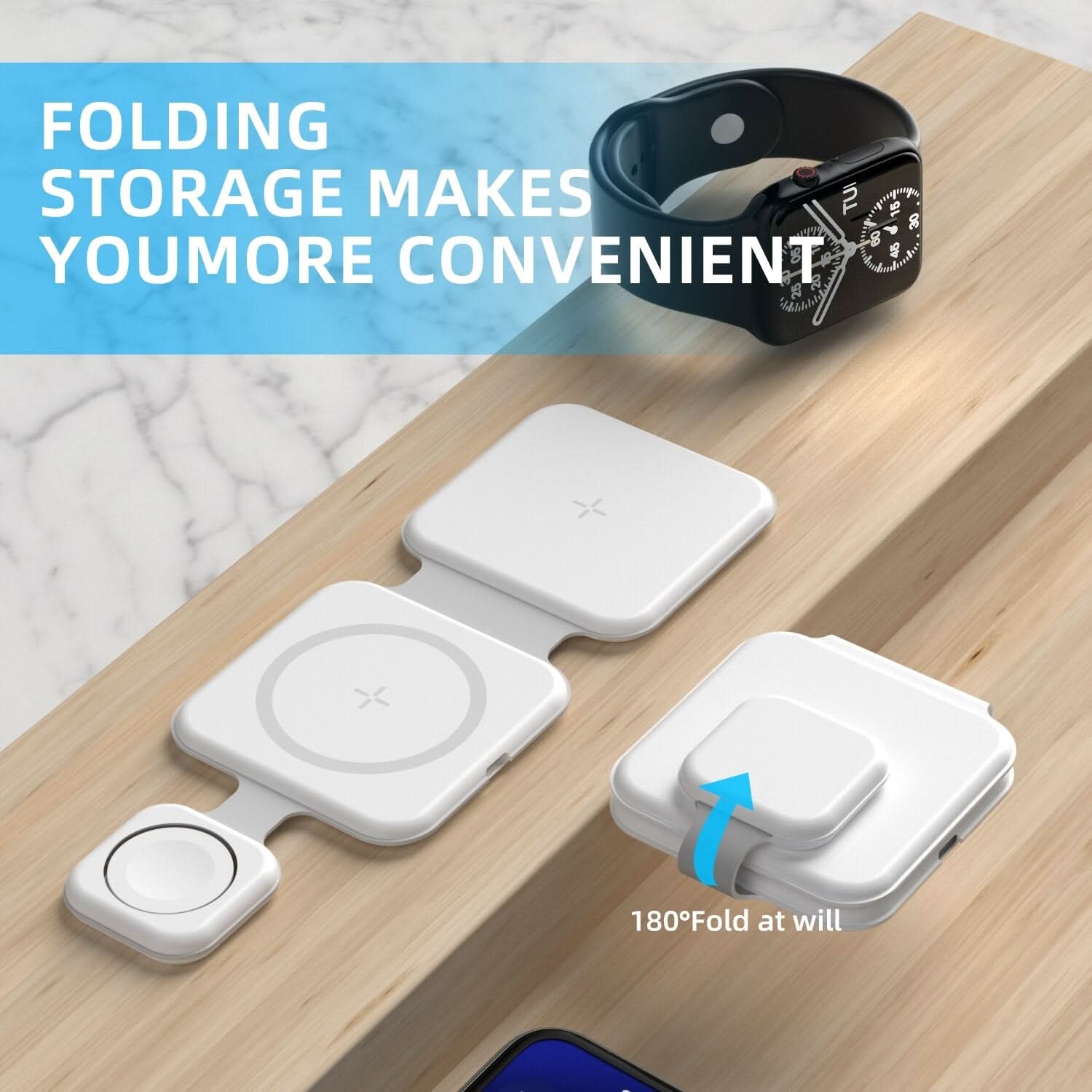 Stazione di ricarica wireless 3-in-1 magnetica pieghevole FD-308, ricarica rapida 15W, compatibile con telefoni.