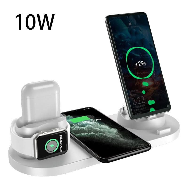 Dock di ricarica wireless 6 in 1: ricarica rapida 10W per smartphone e orologio su base bianca con supporti multipli.