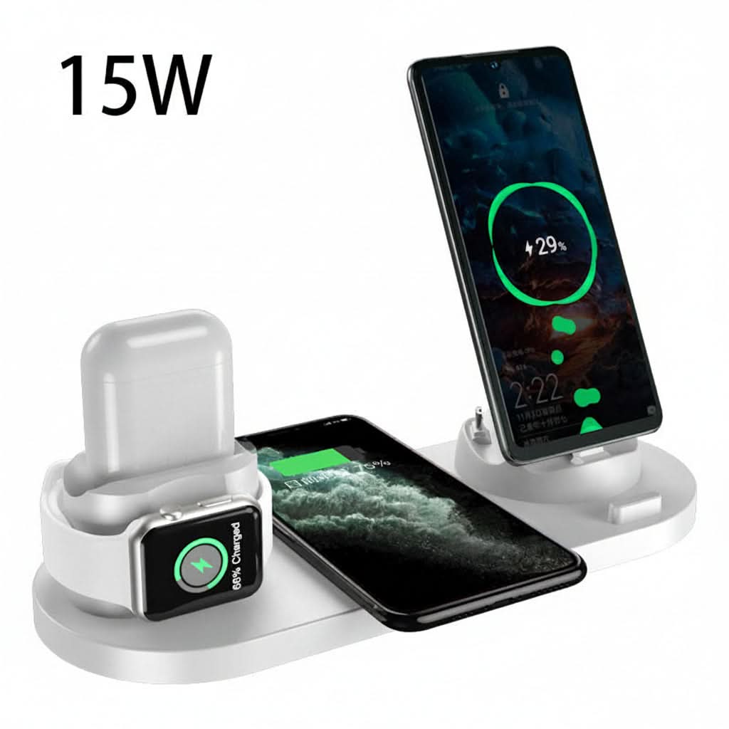 Dock di ricarica wireless 6 in 1: ricarica rapida 10W per smartphone e orologio su base bianca con supporti multipli.
