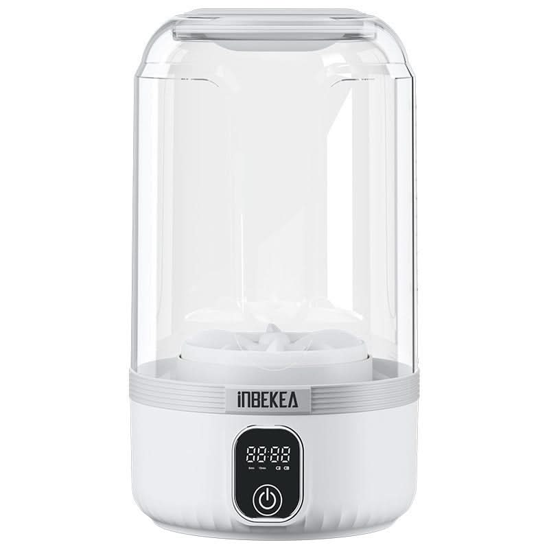 Lavatrice mini portatile wireless automatica, alimentata USB, corpo bianco e contenitore trasparente con display.