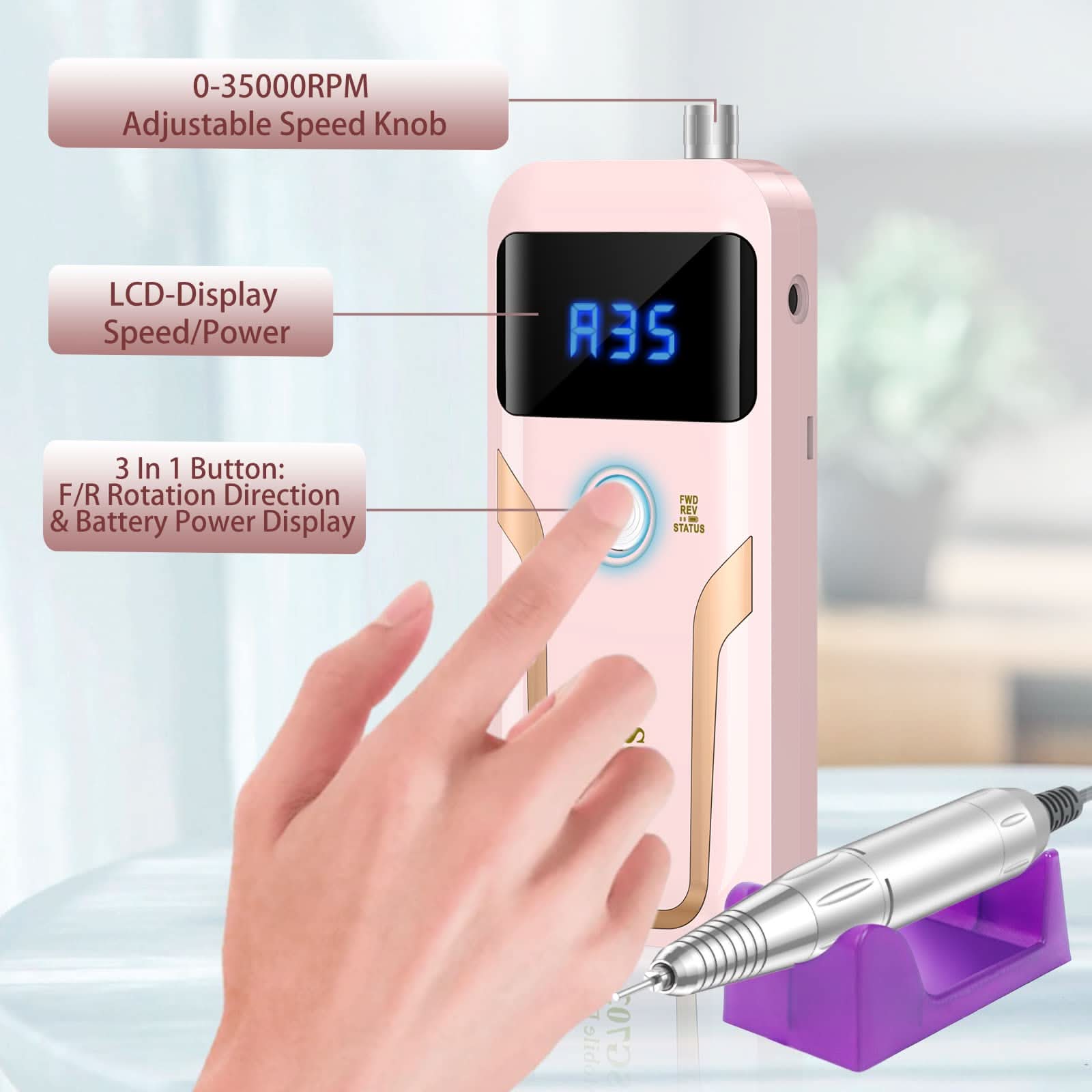 Lampada LED per unghie portatile e rimozione, ricaricabile, rosa, con display LCD.