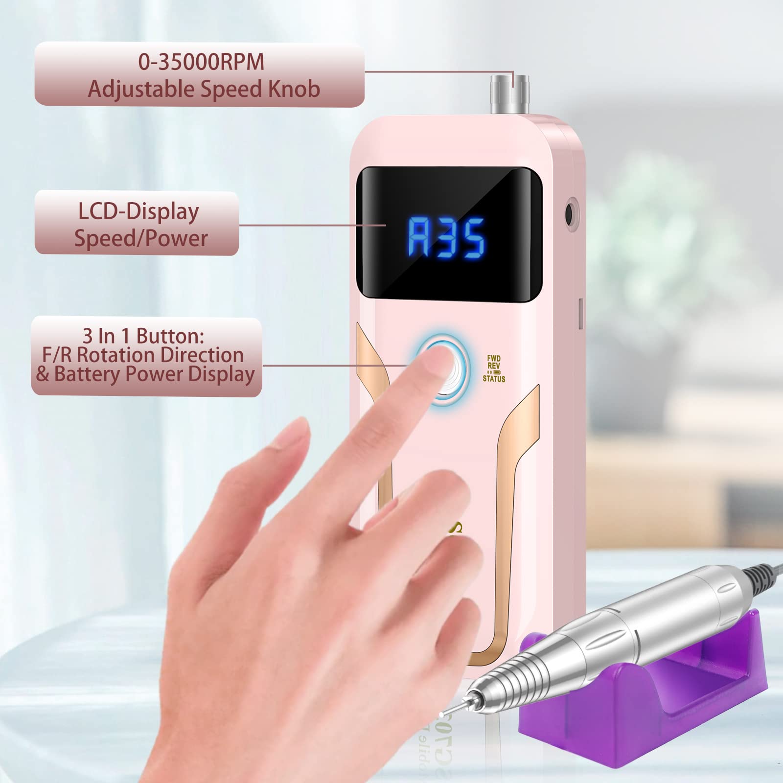 Lampada LED per unghie portatile e rimozione, ricaricabile, rosa, con display LCD.
