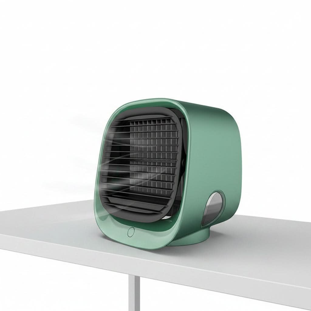 Ventola raffreddatrice mini da tavolo con luce notturna LED, USB, tre velocità e angolo d’aria regolabile.