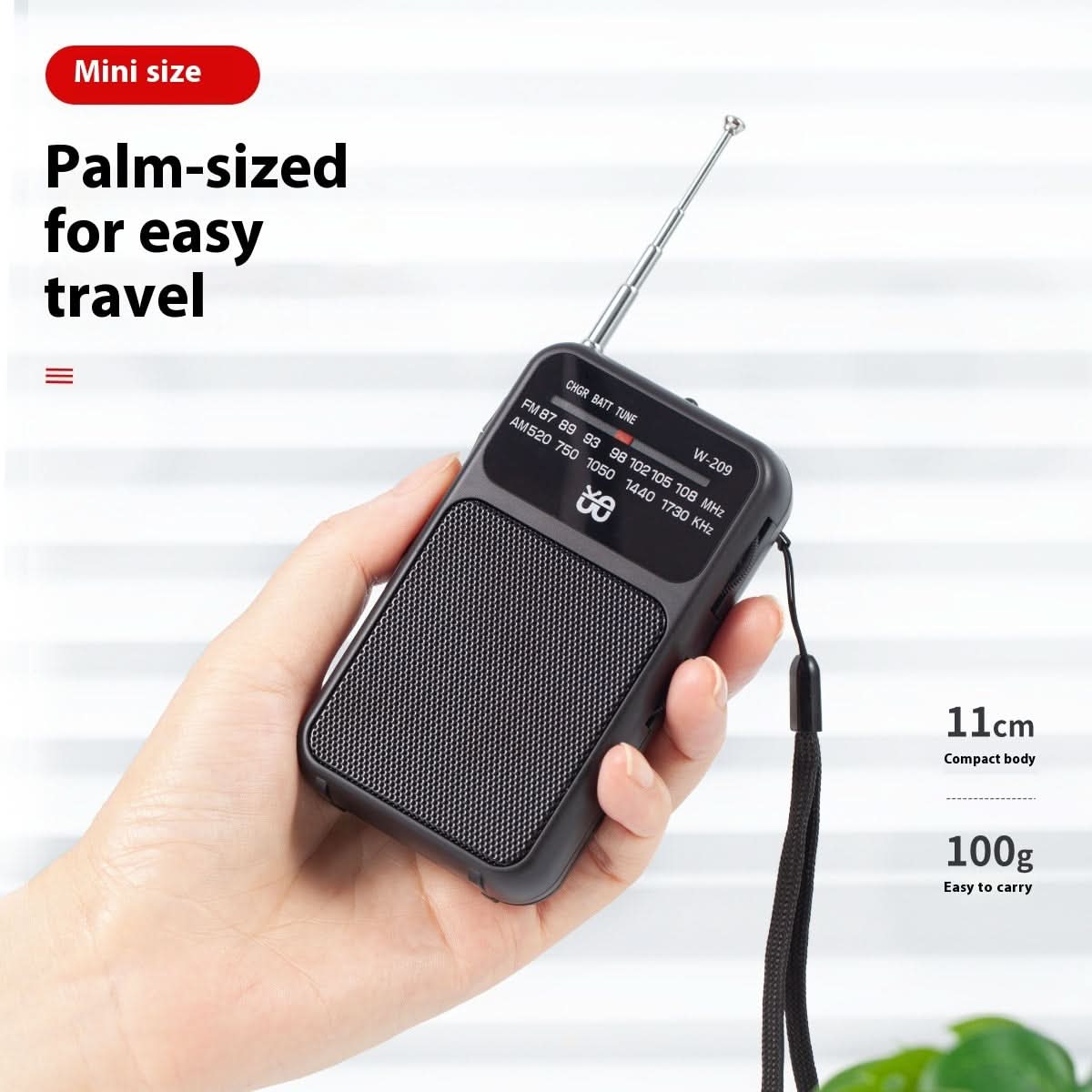 Radio portatile da palmo con antenna telescopica, cinturino, nero, FM 87-108MHz / AM 520-1730kHz