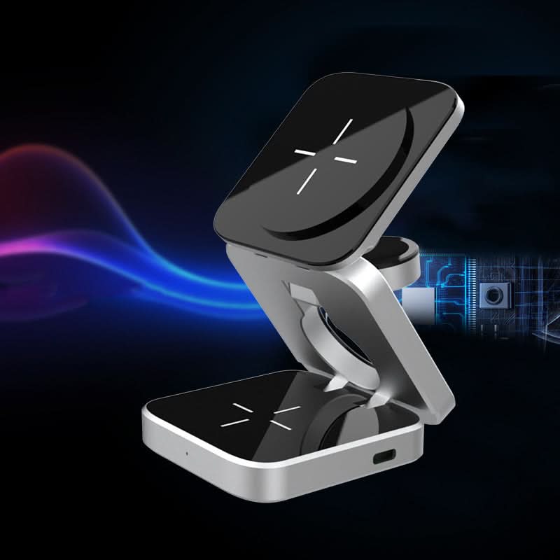 Stazione di ricarica wireless 3 in 1 pieghevole magnetica per smartphone, cuffie e orologi, colore argento