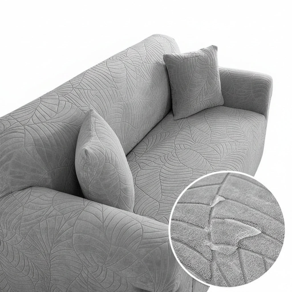 Copertura elastica per divano, slipcover integrale, motivo a foglie, grigio chiaro, poliestere, per divani 90-140 cm.