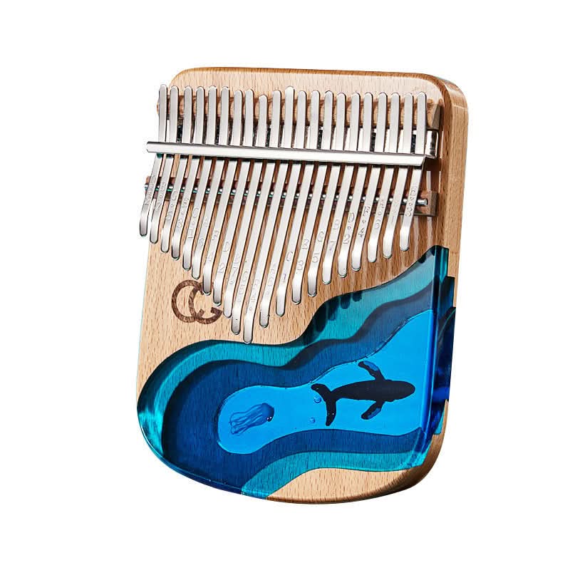 Kalimba Beech con resina ecologica, 17/21 note, motivo balena o gru blu, dimensioni 131×178×20 mm