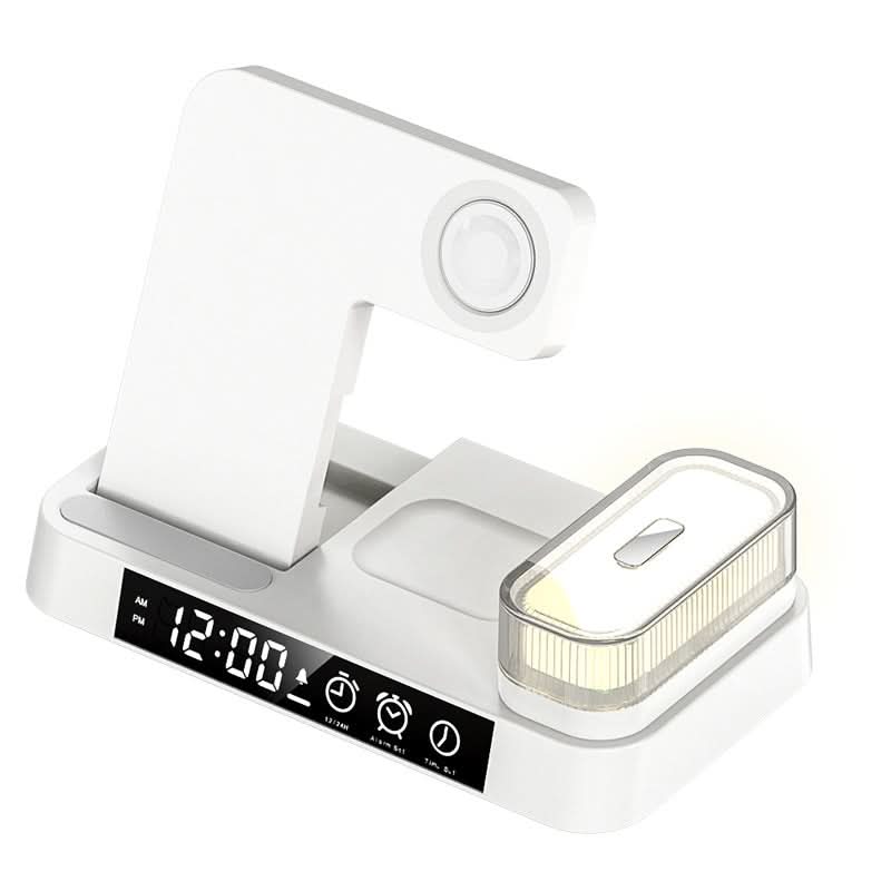 Stazione di ricarica wireless 4 in 1 con display orologio digitale, supporto pieghevole e lampada RGB notturna.
