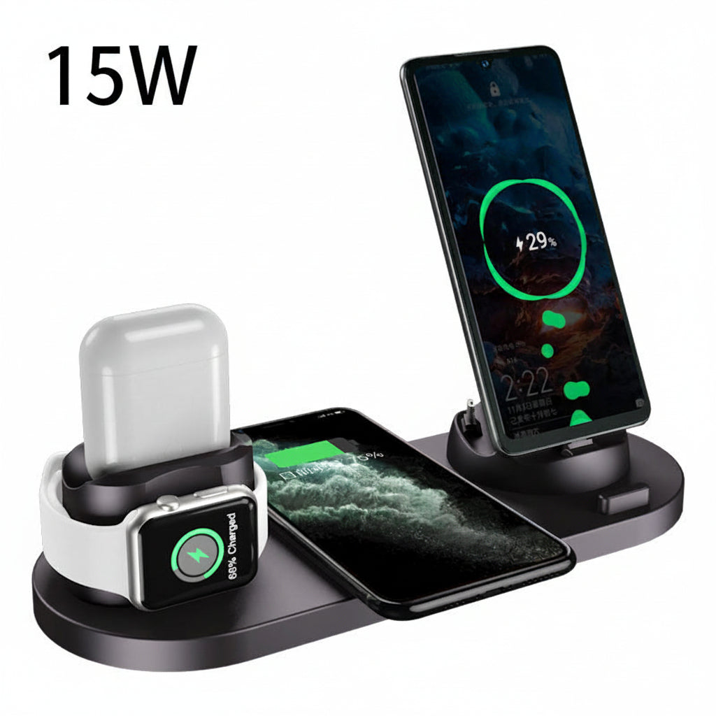 Stazione docking 6 in 1 di ricarica wireless per smartphone, orologio e auricolari, base nera