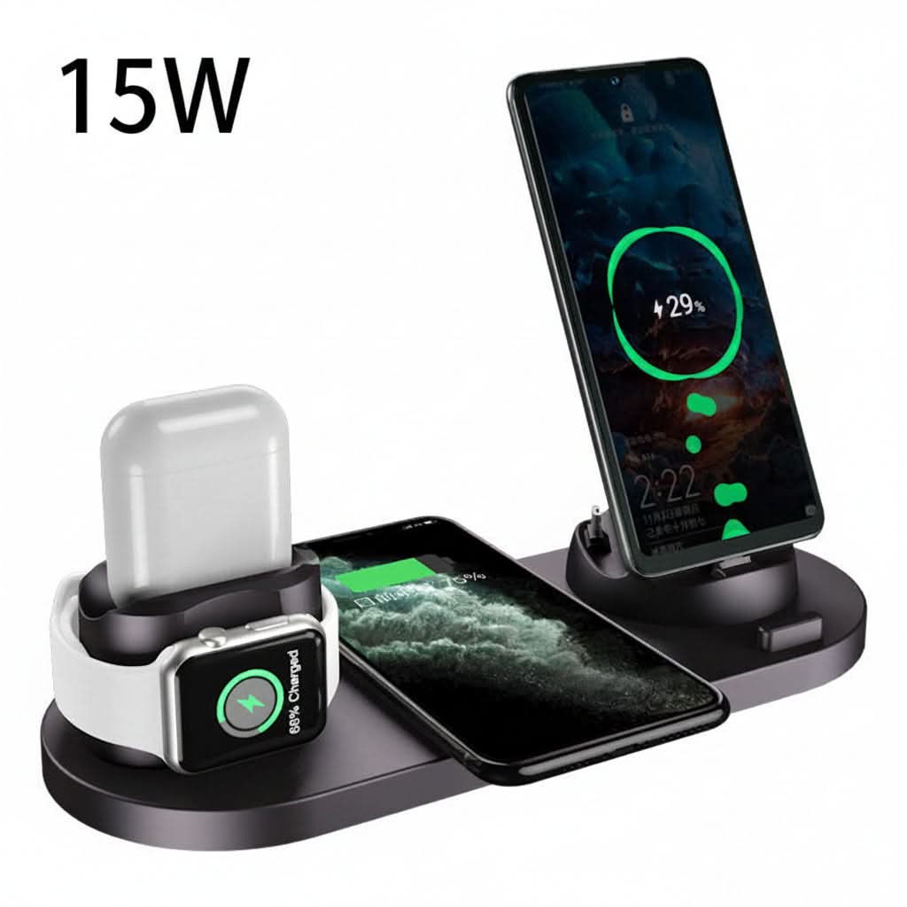 Stazione docking 6 in 1 di ricarica wireless per smartphone, orologio e auricolari, base nera