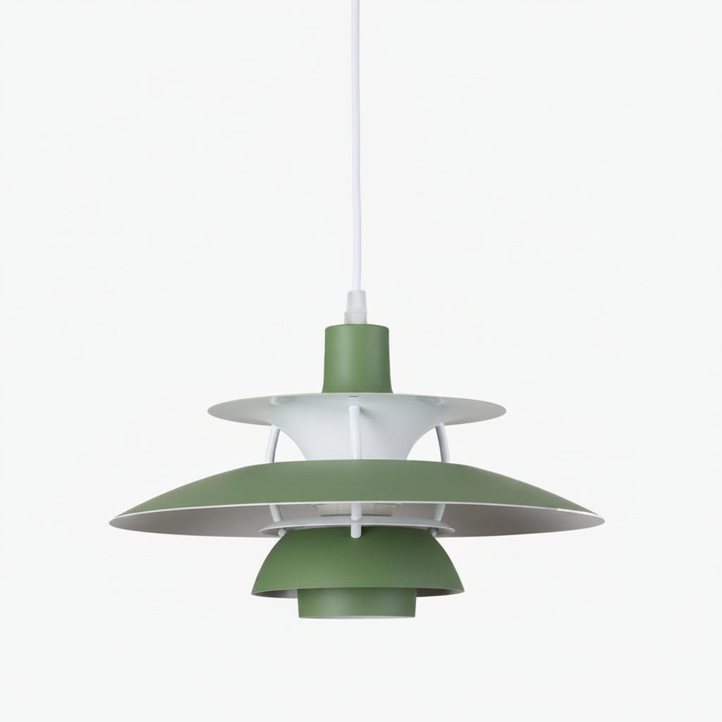 Lampadario a sospensione in alluminio verde con dischi bianchi, design modulare, ideale per soggiorno o camera da letto