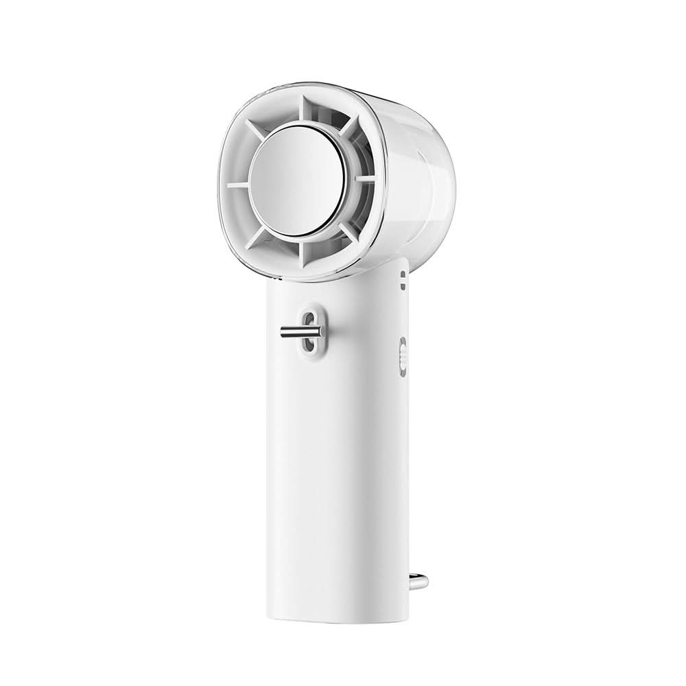 Ventilatore portatile ad alta velocità con raffreddamento, corpo bianco, testa circolare trasparente, motore brushless.