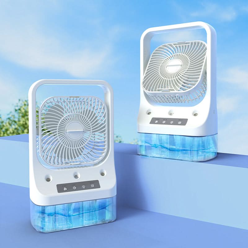 Ventilatore USB ricaricabile con serbatoio acqua, nebulizzazione a 3 ugelli, luci notturne colorate, 270°